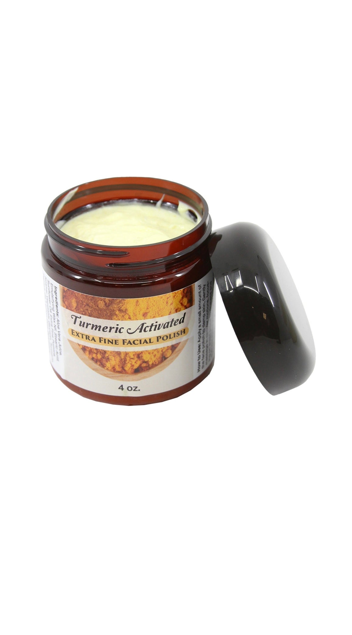 Jar of turmeric activated extra fine facial powder with a black lid on a white background